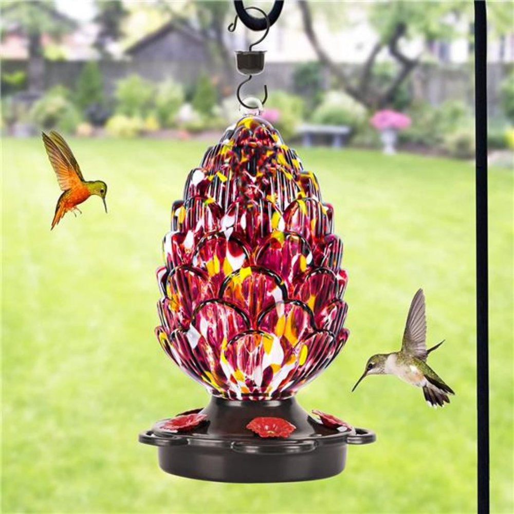Pine Cone Shaped Hand Blown Glass Hummingbird Feeder for Outdoor Use - For Birds - Picture 1 of 4